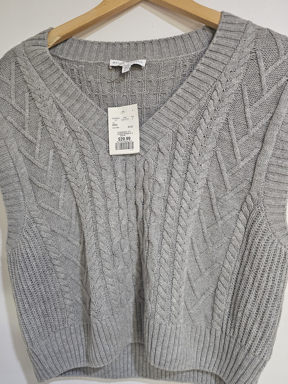 Mango Gray Cable-Knit V-Neck Sweater